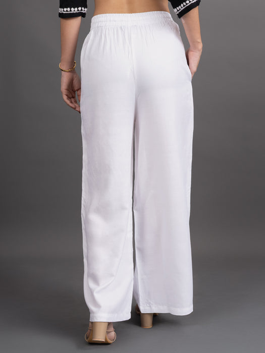 Women Off White Viscose Rayon Parallel Pocket Palazzo