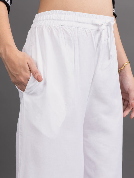 Women Off White Viscose Rayon Parallel Pocket Palazzo