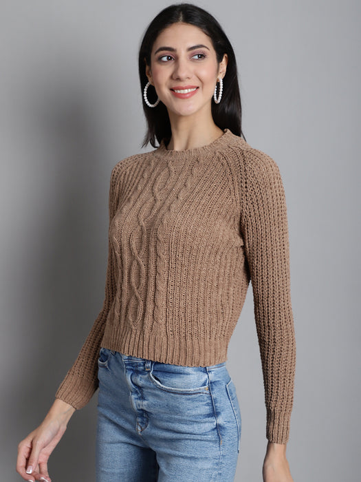 Women Brown Round neck Full Sleeve Woolen Sweater