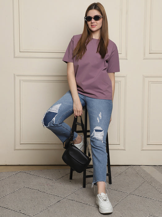 Women Purple Solid Cotton Round Neck T-shirt
