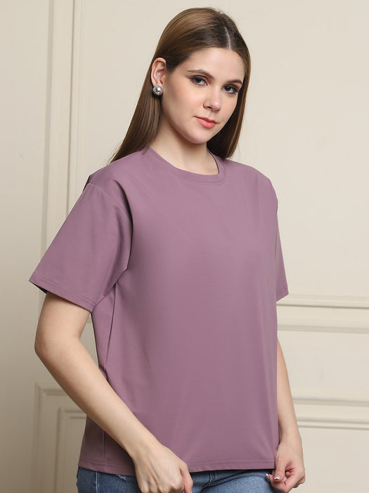 Women Purple Solid Cotton Round Neck T-shirt