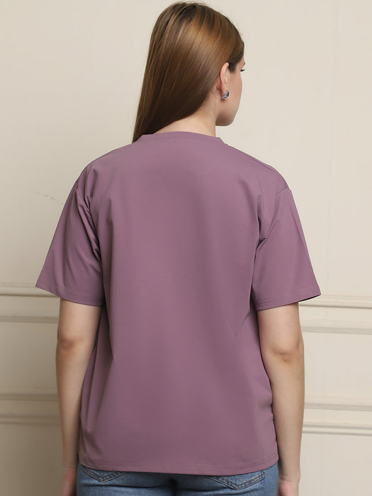 Women Purple Solid Cotton Round Neck T-shirt