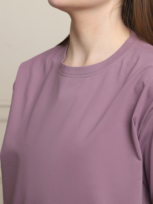 Women Purple Solid Cotton Round Neck T-shirt