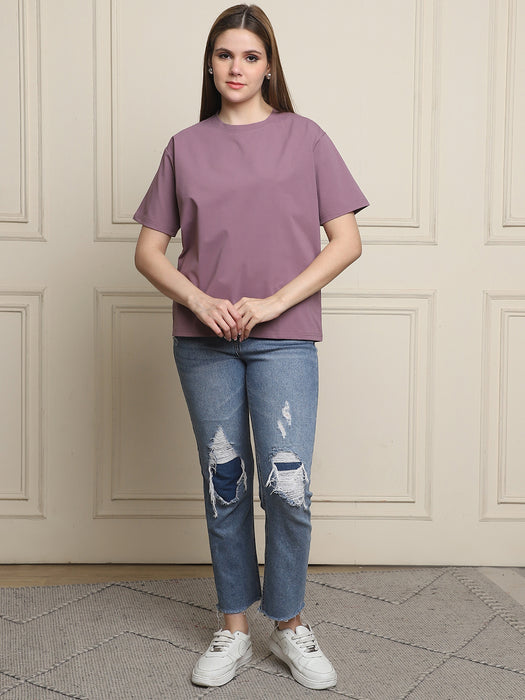 Women Purple Solid Cotton Round Neck T-shirt