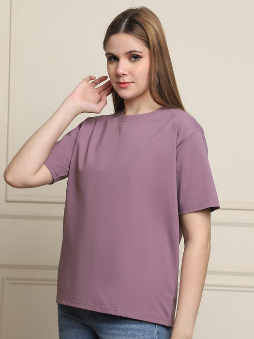 Women Purple Solid Cotton Round Neck T-shirt