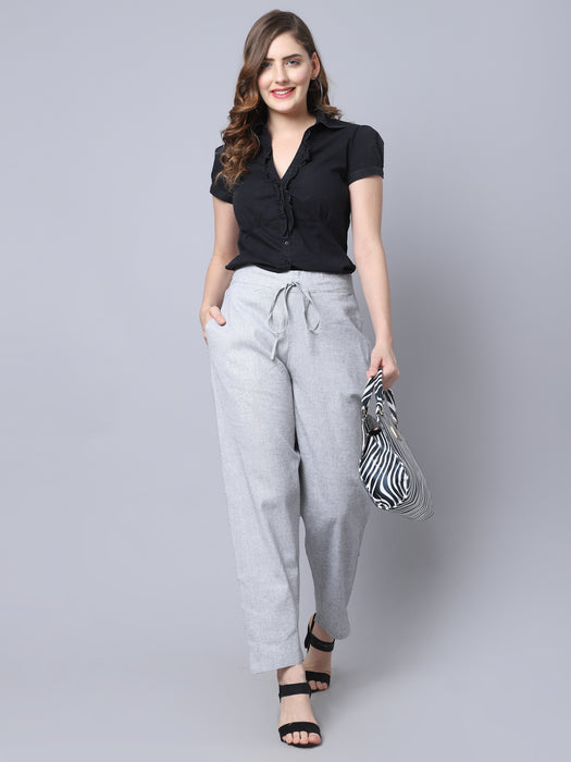 Women Black Grey 100% Cotton Solid Palazzo pants with side pocket