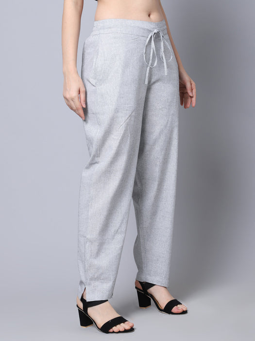 Women Grey 100% Cotton Solid Palazzo pants with side pocket