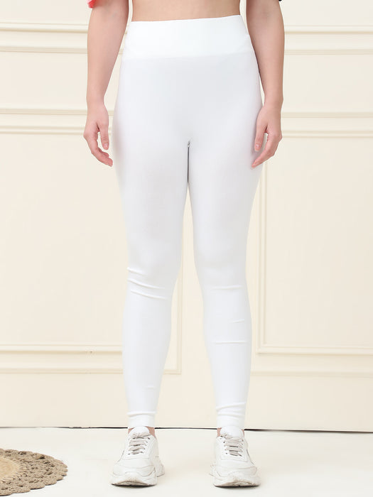 Women White Nylon Ankle length Solid Training Tummy Tuckers Legging