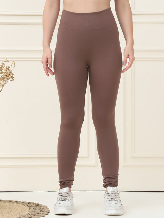 Women Brown Nylon Ankle length Solid Training Tummy Tuckers Legging