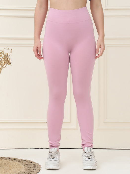 Women Light Pink Nylon Ankle length Solid Training Tummy Tuckers Legging