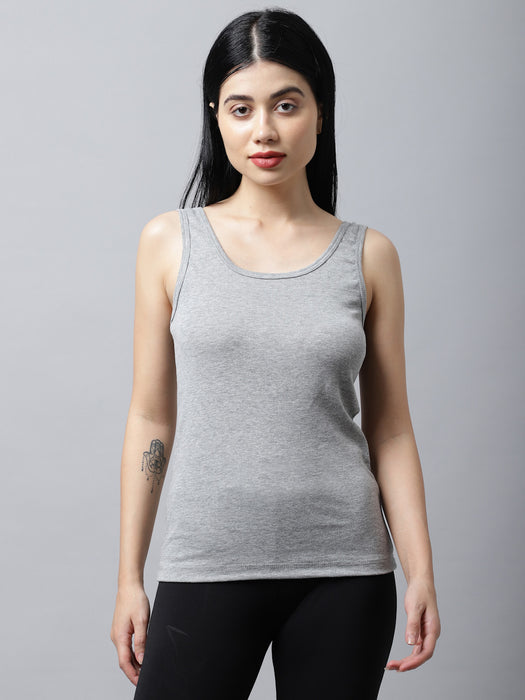 Women Grey Cotton U-neck Solid Tank top