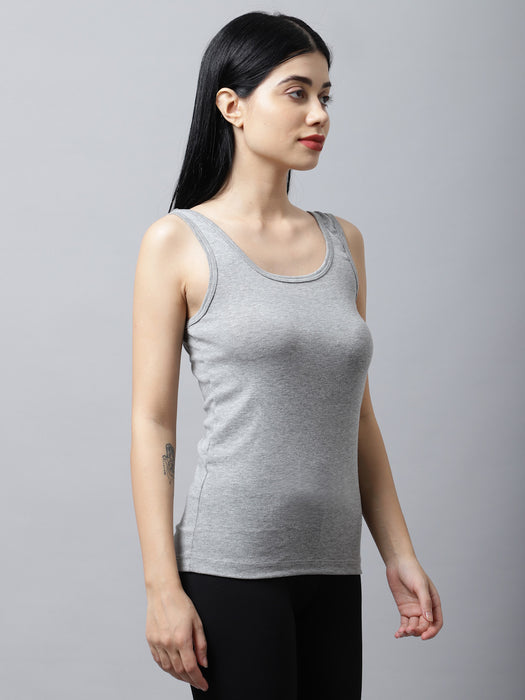 Women Grey Cotton U-neck Solid Tank top