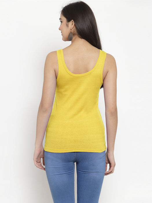 Women Yellow Cotton U-neck Solid Tank top