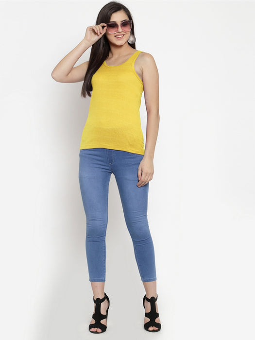 Women Yellow Cotton U-neck Solid Tank top