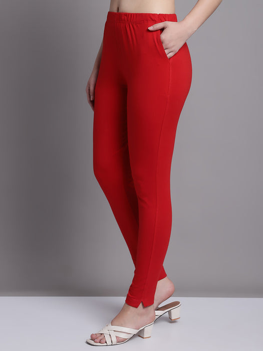 Women Red Cotton lycra legging with side pocket Kurti Pant