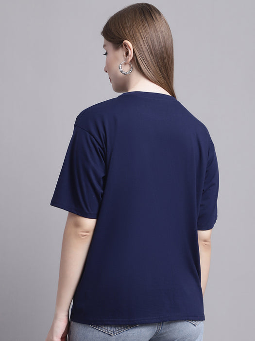 Women Navy blue 100% Cotton Round Neck Half Sleeve Women Oversized T-shirt