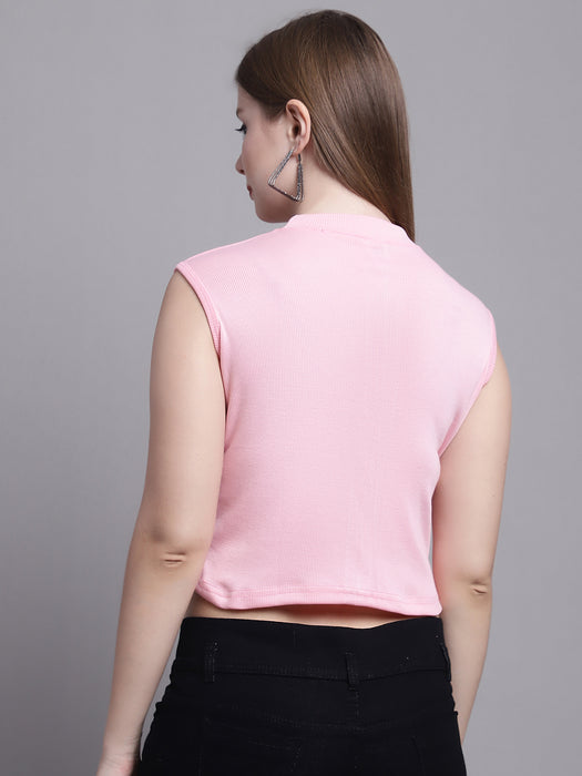 Women Pink Lycra Blend Round Neck Sleeveless Crop tank top