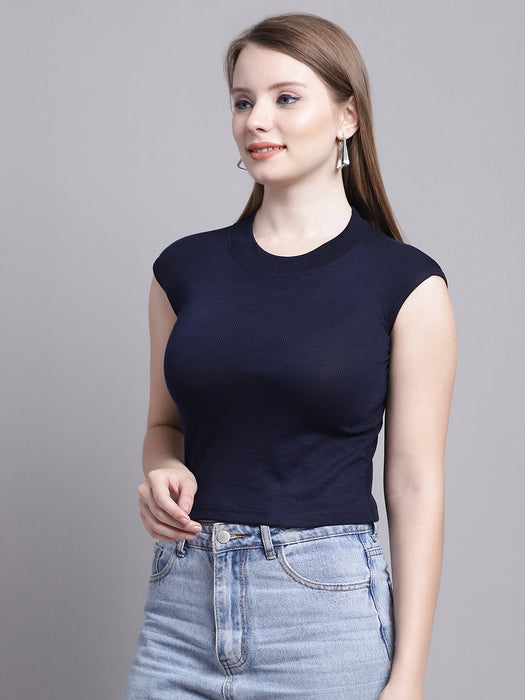 Women Navyblue Lycra Blend Round Neck Sleeveless Crop tank top