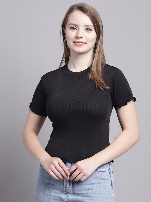 Women Black Lycra Blend Round Neck Half sleeve Solid Crop Top