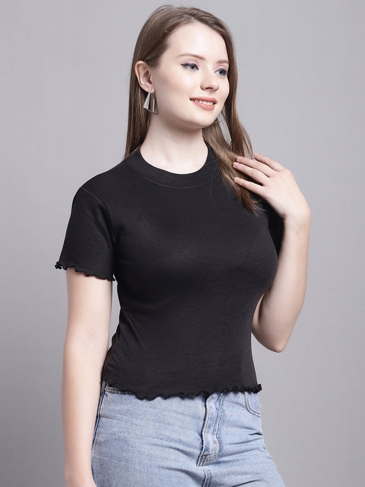 Women Black Lycra Blend Round Neck Half sleeve Solid Crop Top