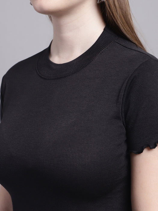 Women Black Lycra Blend Round Neck Half sleeve Solid Crop Top