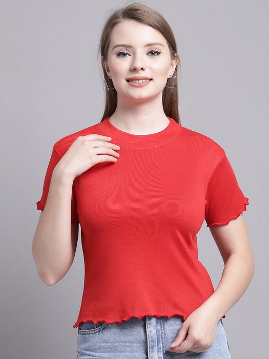 Women Red Lycra Blend Round Neck Half sleeve Solid Crop Top