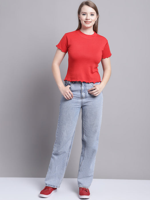 Women Red Lycra Blend Round Neck Half sleeve Solid Crop Top