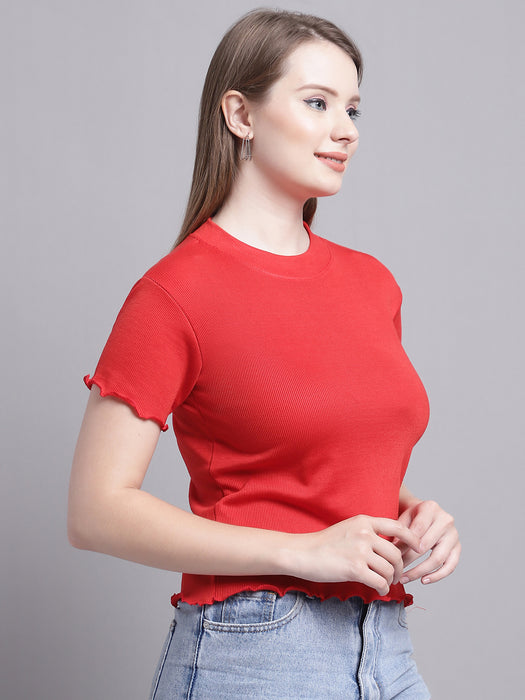 Women Red Lycra Blend Round Neck Half sleeve Solid Crop Top