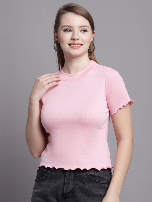 Women Pink Lycra Blend Round Neck Half sleeve Solid Crop Top