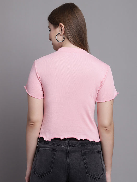 Women Pink Lycra Blend Round Neck Half sleeve Solid Crop Top