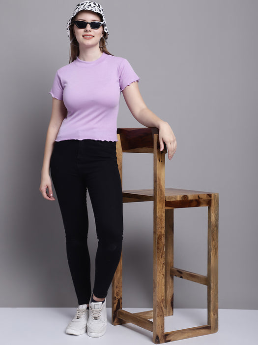Women Purple Lycra Blend Round Neck Half sleeve Solid Crop Top
