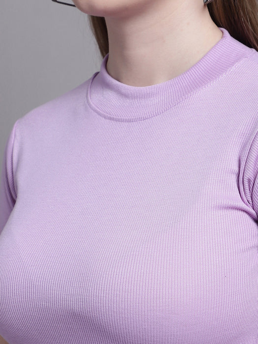 Women Purple Lycra Blend Round Neck Half sleeve Solid Crop Top