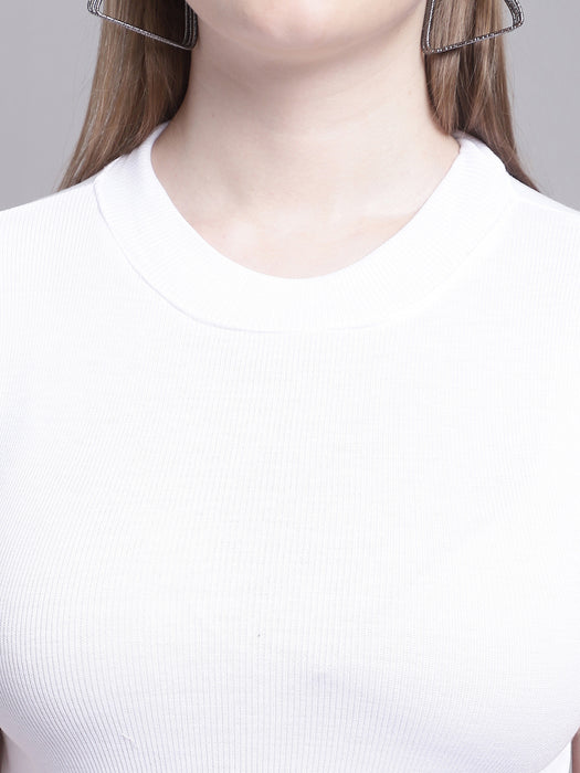 Women White Lycra Blend Round Neck Short Sleeve Crop Top