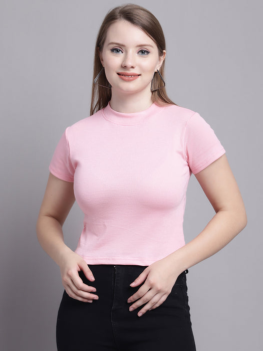 Women Pink Lycra Blend Round Neck Short Sleeve Crop Top