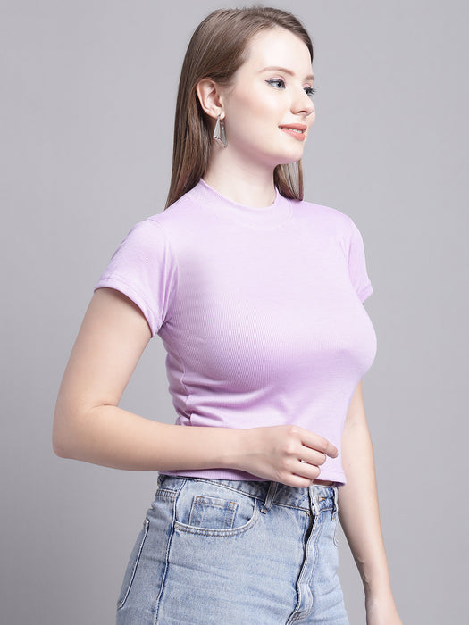 Women Purple Lycra Blend Round Neck Short Sleeve Crop Top