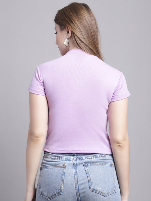 Women Purple Lycra Blend Round Neck Short Sleeve Crop Top