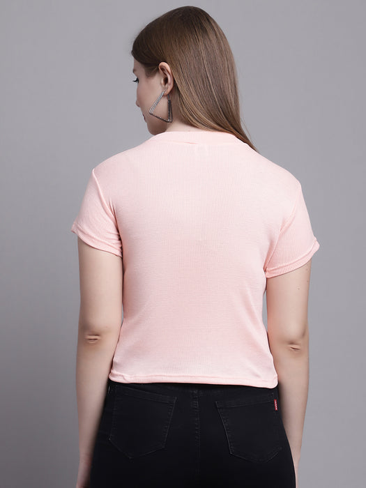 Women Peach Lycra Blend Round Neck Short Sleeve Crop Top