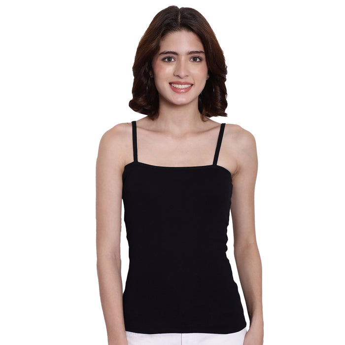 Women Black Square Neck Cotton Rib Camisole