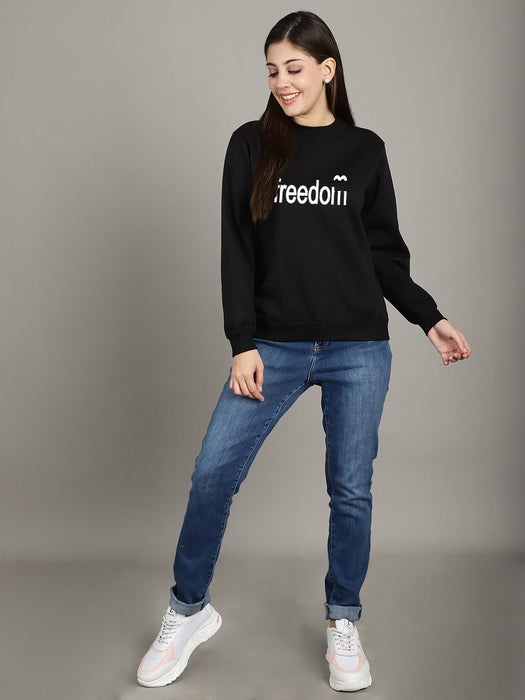 Women Black Round Neck Full Sleeve Freedom Print Sweatshirt