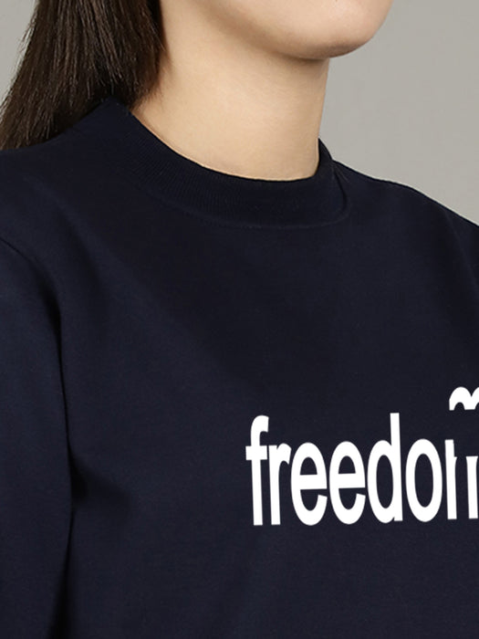 Women Navy blue Round Neck Full Sleeve Freedom Print Sweatshirt