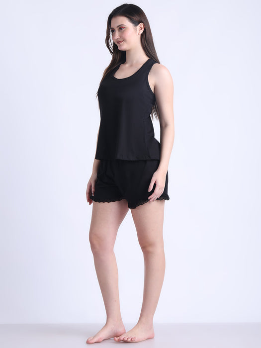 Women Black Cotton Nightsuit Vest and shorts set