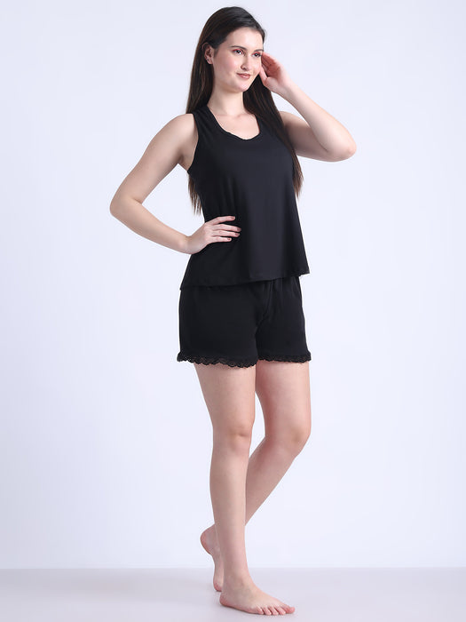 Women Black Cotton Nightsuit Vest and shorts set