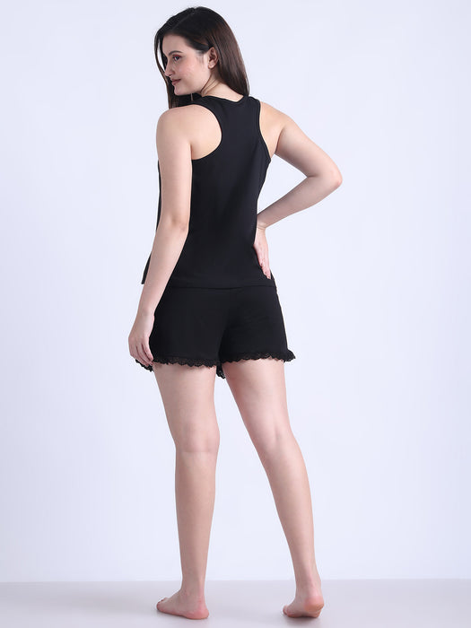 Women Black Cotton Nightsuit Vest and shorts set