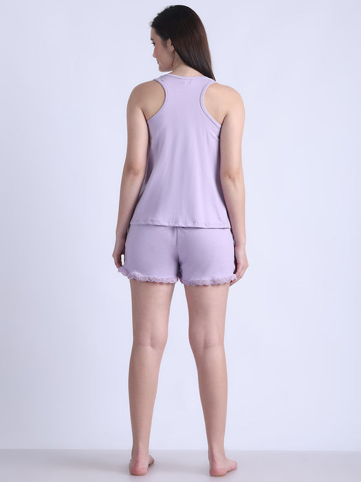 Women Purple Cotton Nightsuit Vest and shorts set