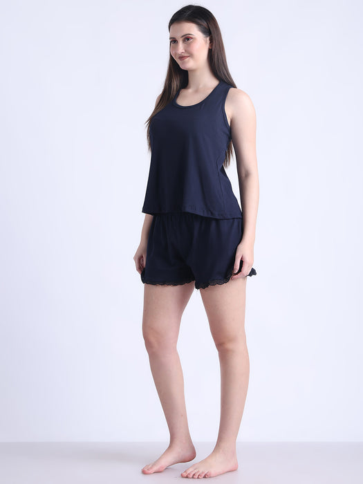 Women Navy Blue Cotton Nightsuit Vest and shorts set