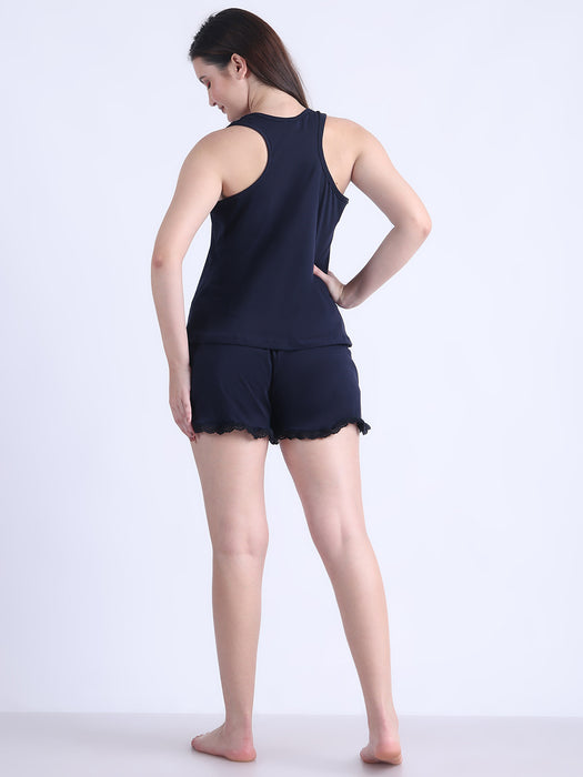 Women Navy Blue Cotton Nightsuit Vest and shorts set