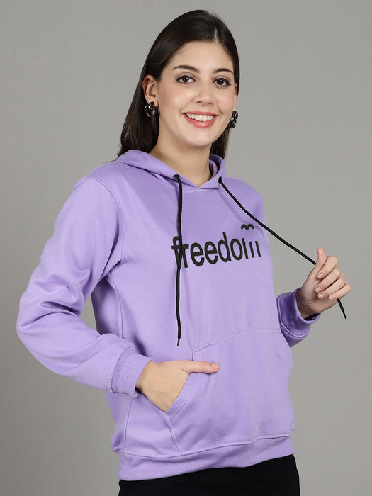 Women Purple Hood Neck Full Sleeve Fleece Freedom Print Hoodie with kangaroo Pocket