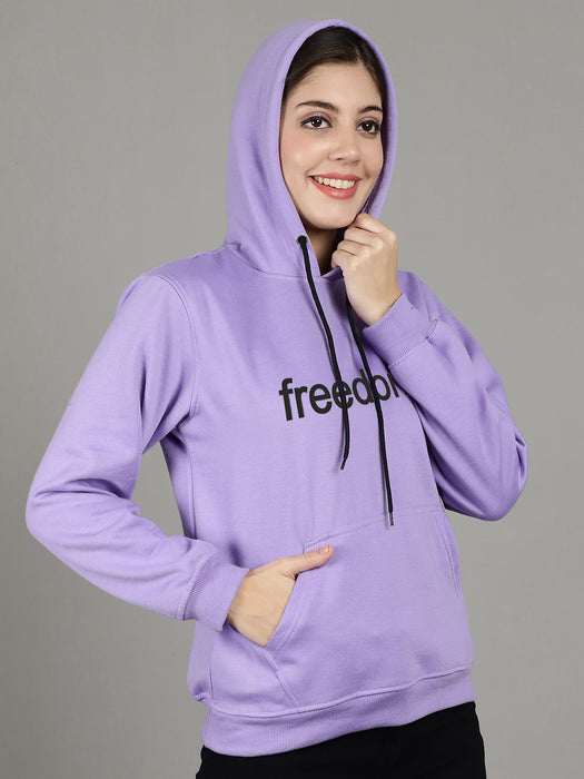 Women Purple Hood Neck Full Sleeve Fleece Freedom Print Hoodie with kangaroo Pocket