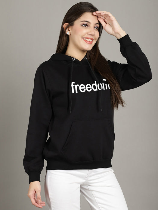 Women Black Hood Neck Full Sleeve Fleece Freedom Print Hoodie with kangaroo Pocket