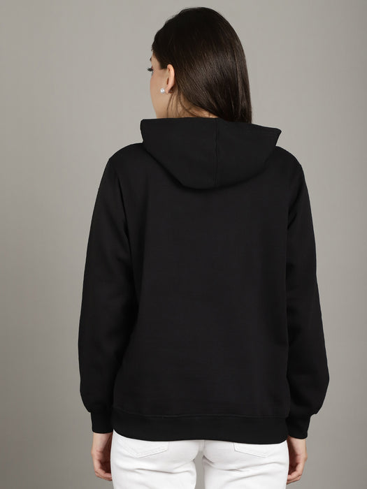 Women Black Hood Neck Full Sleeve Fleece Freedom Print Hoodie with kangaroo Pocket